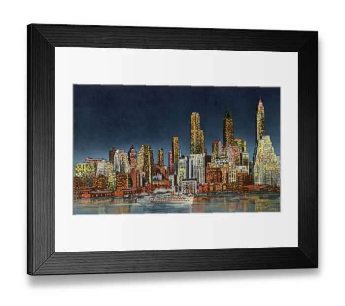 Framed Print : Vintage souvenir postcard, Downtown Manhattan Skyline, NYC, New York, ca 1942 Framed Print : Vintage souvenir postcard, Downtown Manhattan Skyline, NYC, New York, ca 1942