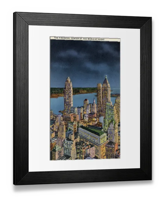 Framed Print : Vintage souvenir postcard, Downtown Skyline, NYC, New York, ca 1942 Framed Print : Vintage souvenir postcard, Downtown Skyline, NYC, New York, ca 1942