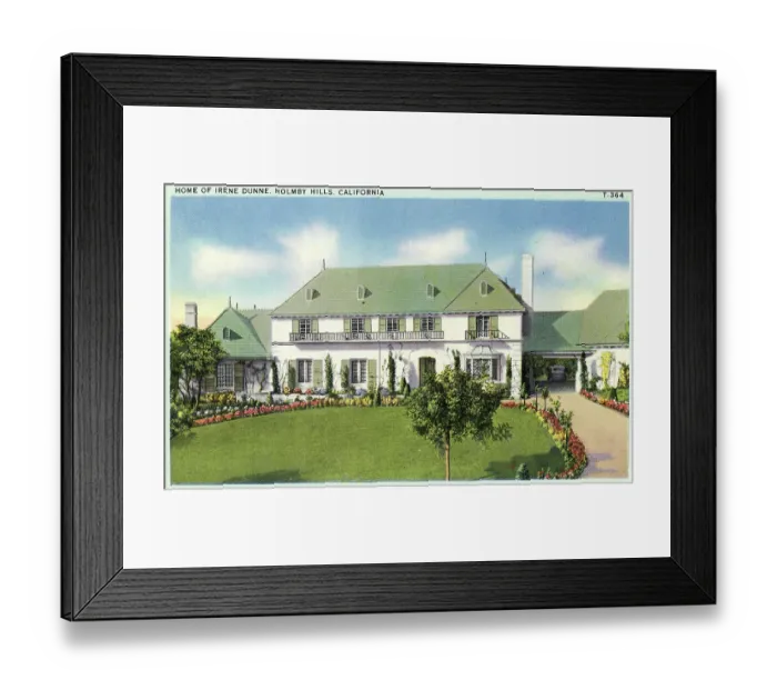 Framed Print : Vintage souvenir postcard, Irene Dunne's Holmby Hills Mansion, Homes of the Stars series, ca. 1941 Framed Print : Vintage souvenir postcard, Irene Dunne's Holmby Hills Mansion, Homes of the Stars series, ca. 1941