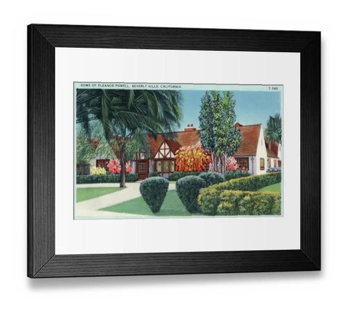 Framed Print : Vintage souvenir postcard, Eleanor Powell's Beverly Hills Home, Homes of the Stars series, ca. 1941 Framed Print : Vintage souvenir postcard, Eleanor Powell's Beverly Hills Home, Homes of the Stars series, ca. 1941
