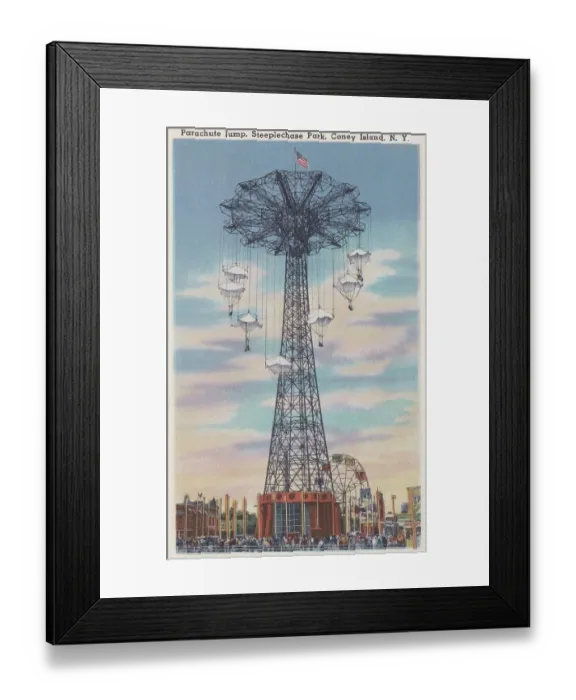 Framed Print : Vintage souvenir postcard, Coney Island, Parachute Jump, Brooklyn, New York City, 1940 Framed Print : Vintage souvenir postcard, Coney Island, Parachute Jump, Brooklyn, New York City, 1940
