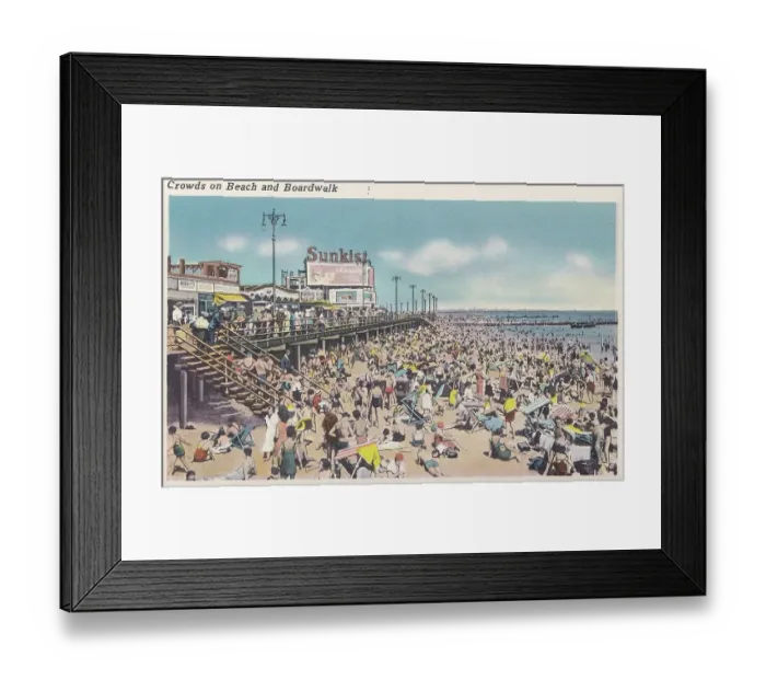 Framed Print : Vintage souvenir postcard, Coney Island Beach and Boardwalk, Brooklyn, New York City, 1940