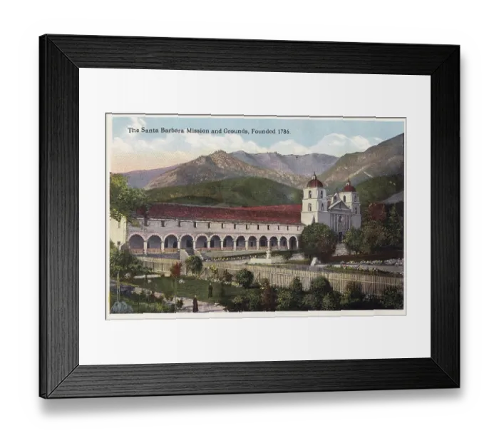 Framed Print : Vintage souvenir postcard, Santa Barbara Mission, Southern California Souvenir Views series, ca 1923 Framed Print : Vintage souvenir postcard, Santa Barbara Mission, Southern California Souvenir Views series, ca 1923