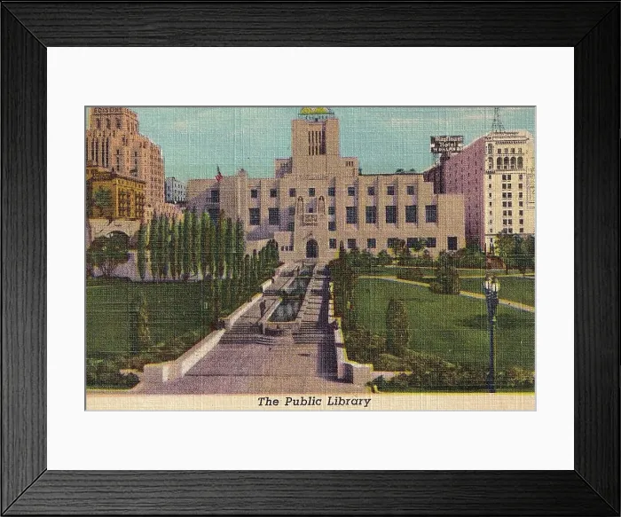 Framed Print : Vintage souvenir postcard, Los Angeles Public Library, Los Angeles Souvenir Views series, 1940 Framed Print : Vintage souvenir postcard, Los Angeles Public Library, Los Angeles Souvenir Views series, 1940