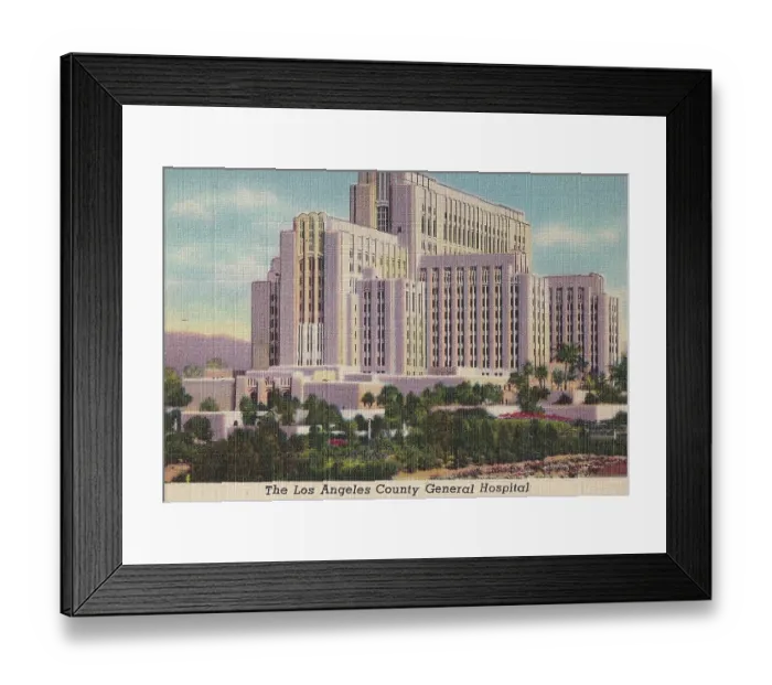 Framed Print : Vintage souvenir postcard, Los Angeles General Hospital, Los Angeles Souvenir Views series, 1940 Framed Print : Vintage souvenir postcard, Los Angeles General Hospital, Los Angeles Souvenir Views series, 1940