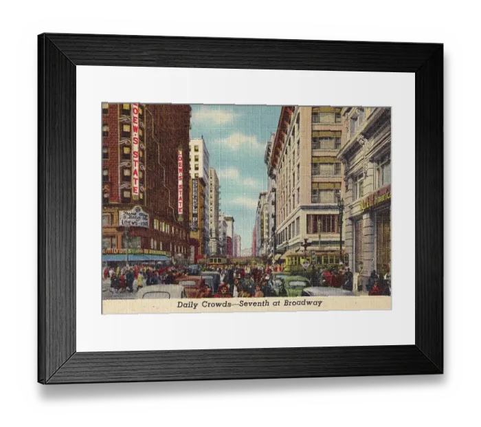 Framed Print : Vintage souvenir postcard, Downtown, 7th and Broadway, Los Angeles Souvenir Views series, 1940