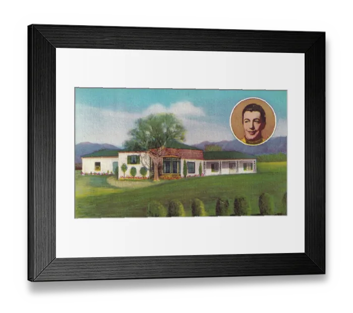 Framed Print : Vintage souvenir postcard, Robert Taylor, Movie Star Homes, ca 1940 Framed Print : Vintage souvenir postcard, Robert Taylor, Movie Star Homes, ca 1940