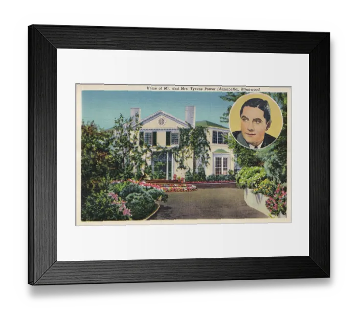 Framed Print : Vintage souvenir postcard, Tyrone Power's Beverly Hills Home, Movie Star Homes series, ca 1938 Framed Print : Vintage souvenir postcard, Tyrone Power's Beverly Hills Home, Movie Star Homes series, ca 1938