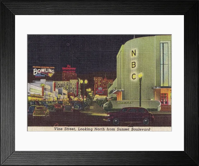 Framed Print : Vintage souvenir postcard, Sunset Boulevard and Vine Street, Hollywood and Movie Star Homes series, ca 1938