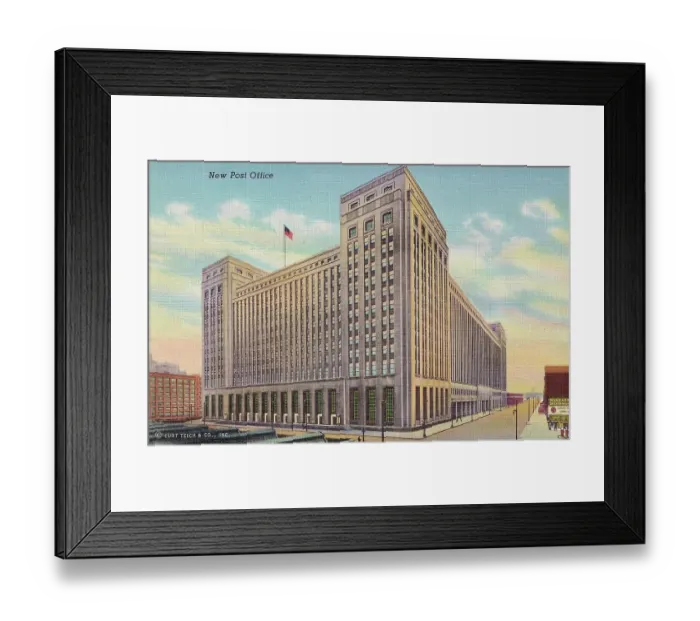 Framed Print : Vintage souvenir postcard, The New Post Office, Chicago, 1937 Framed Print : Vintage souvenir postcard, The New Post Office, Chicago, 1937