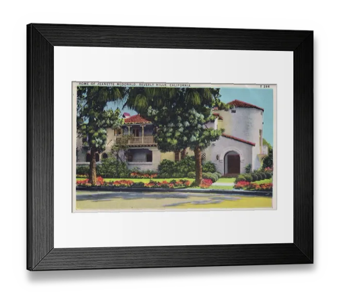 Framed Print : Vintage souvenir postcard, Jeanette McDonald's Home, Homes of the Stars series, ca 1937