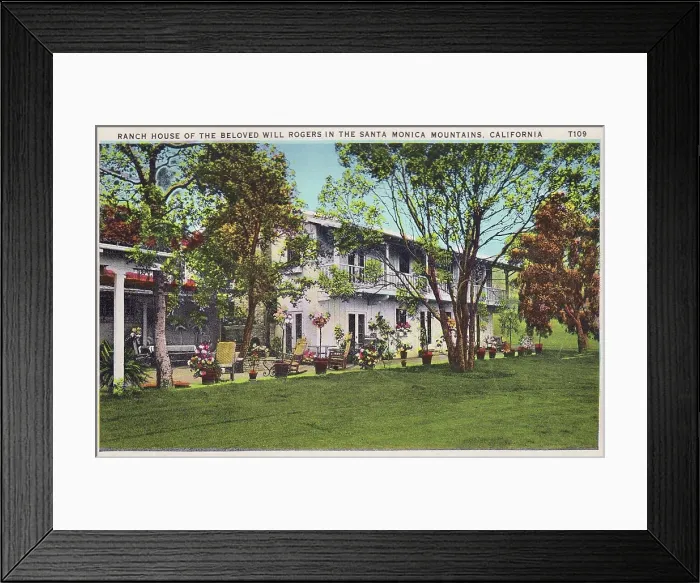 Framed Print : Vintage souvenir postcard, Will Rogers Home, Homes of the Stars series, ca 1936 Framed Print : Vintage souvenir postcard, Will Rogers Home, Homes of the Stars series, ca 1936