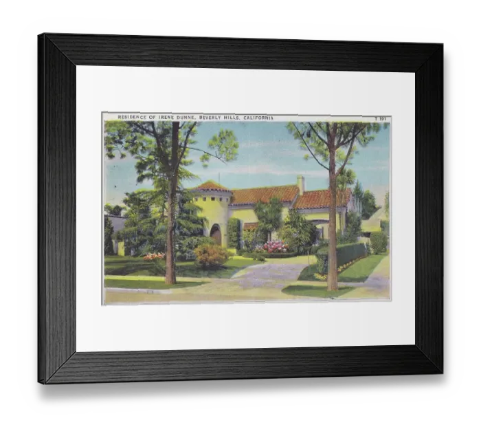 Framed Print : Vintage souvenir postcard, Irene Dunne's Home, Movie Star Homes series, 1936