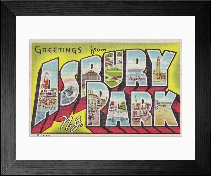 Framed Print : Vintage souvenir postcard, Greetings from Asbury Park, New Jersey, ca 1930s Framed Print : Vintage souvenir postcard, Greetings from Asbury Park, New Jersey, ca 1930s
