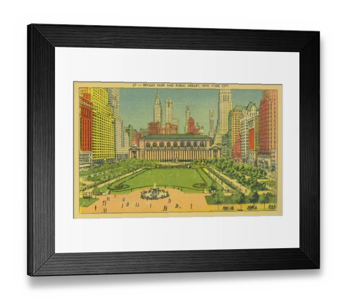 Framed Print : Vintage souvenir postcard, Bryant Park and New York Public Library, New York City, circa 1935