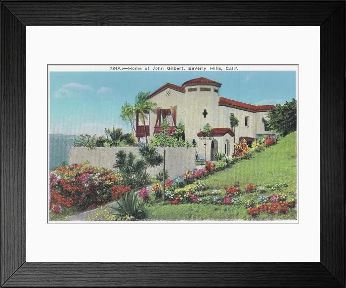 Framed Print : Vintage souvenir postcard, John Gilbert's Home, Movie Star Homes series, ca 1928 Framed Print : Vintage souvenir postcard, John Gilbert's Home, Movie Star Homes series, ca 1928
