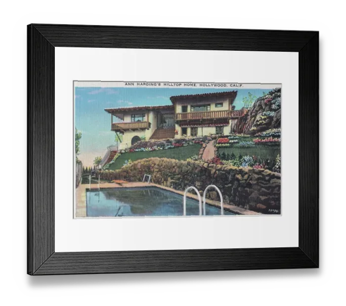 Framed Print : Vintage souvenir postcard, Ann Harding's Home, Movie Star Homes series, ca 1938 Framed Print : Vintage souvenir postcard, Ann Harding's Home, Movie Star Homes series, ca 1938