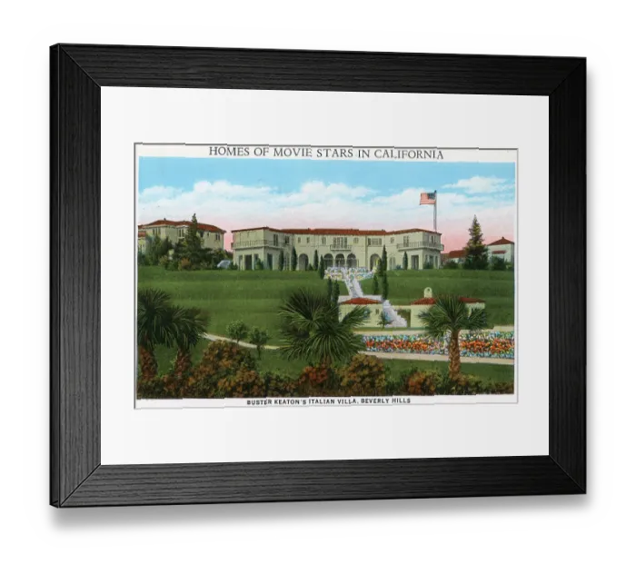 Framed Print : Vintage souvenir postcard, Buster Keaton's Italian Villa, Homes of Movie Stars series, ca 1927 Framed Print : Vintage souvenir postcard, Buster Keaton's Italian Villa, Homes of Movie Stars series, ca 1927