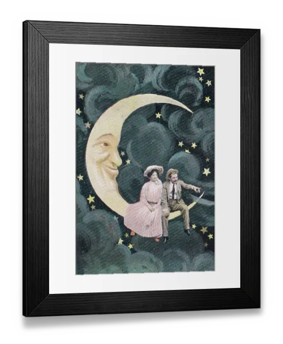 Framed Print : Vintage souvenir photo postcard, Spooning the Moon series, circa 1907 Framed Print : Vintage souvenir photo postcard, Spooning the Moon series, circa 1907