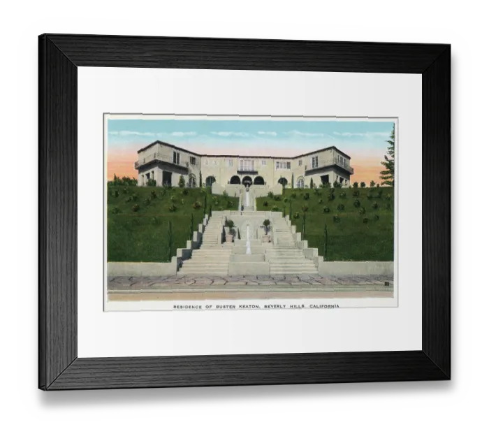 Framed Print : Vintage souvenir postcard, Residence of Buster Keaton, Homes of Movie Stars series, ca 1924 Framed Print : Vintage souvenir postcard, Residence of Buster Keaton, Homes of Movie Stars series, ca 1924