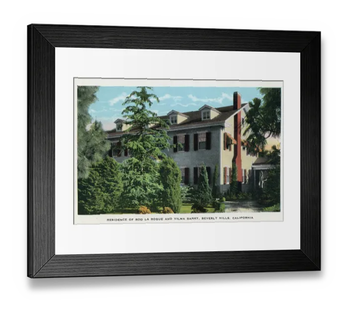 Framed Print : Vintage souvenir postcard, Residence of Rod La Roque and Vilma Banky, Homes of Movie Stars series, ca 1924 Framed Print : Vintage souvenir postcard, Residence of Rod La Roque and Vilma Banky, Homes of Movie Stars series, ca 1924