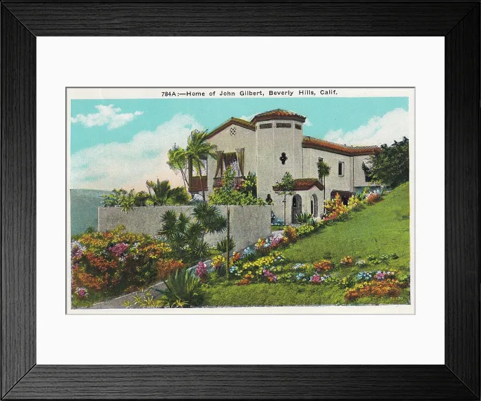 Framed Print : Vintage souvenir postcard, John Gilbert's Beverly Hills Home, Movie Star Homes series, ca 1923 Framed Print : Vintage souvenir postcard, John Gilbert's Beverly Hills Home, Movie Star Homes series, ca 1923