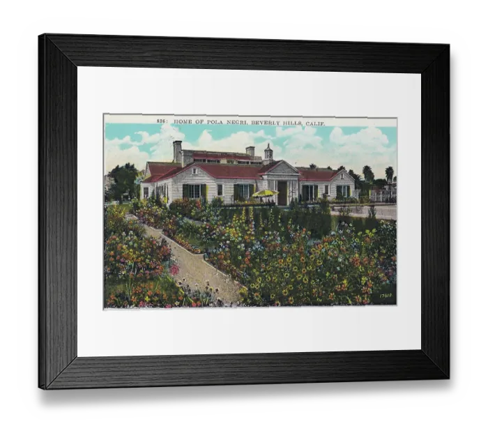 Framed Print : Vintage souvenir postcard, Pola Negri's Beverly Hills Home, Movie Star Homes series, ca 1923