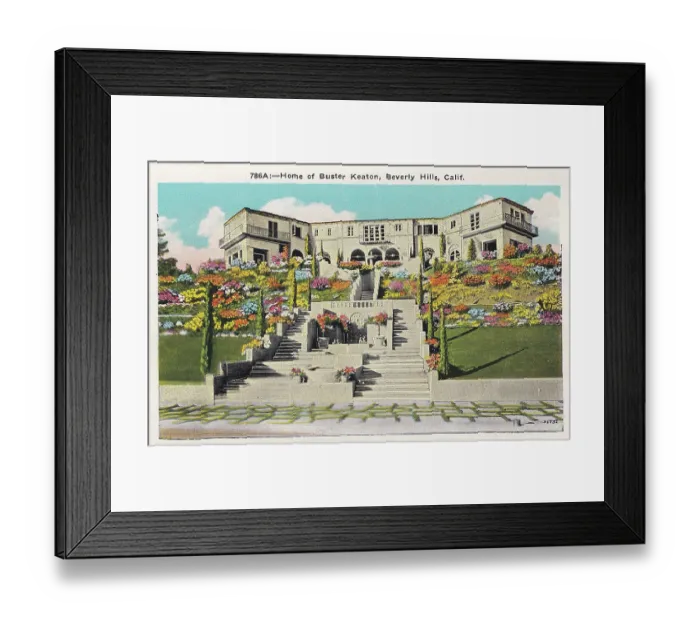 Framed Print : Vintage souvenir postcard, Buster Keaton's Beverly Hills Home, Movie Star Homes series, ca 1923 Framed Print : Vintage souvenir postcard, Buster Keaton's Beverly Hills Home, Movie Star Homes series, ca 1923