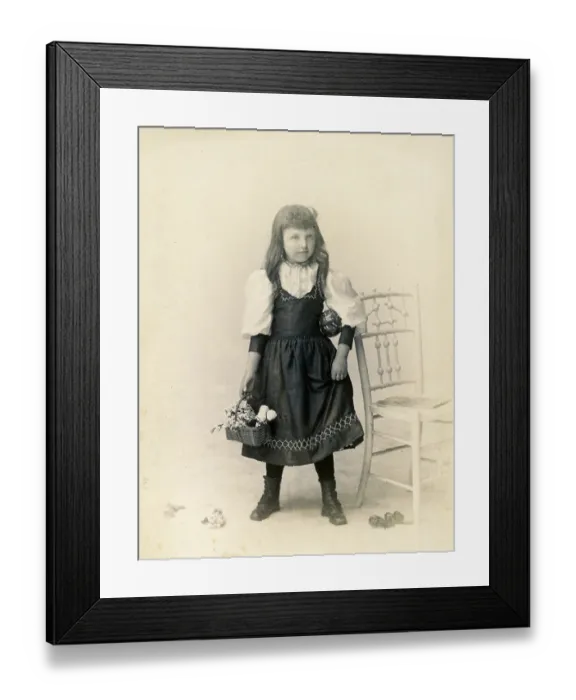 Framed Print : Cabinet card portrait of girl holding ball and basket, 1880s