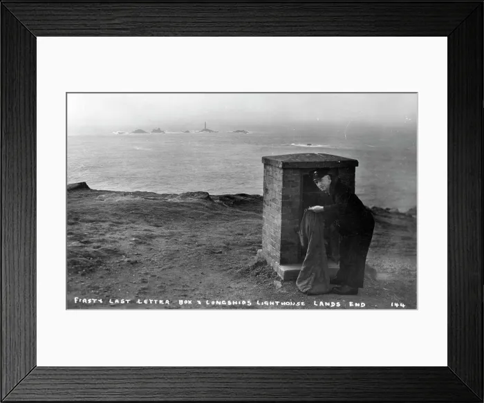Framed Print : Vintage souvenir postcard, last mailbox and Longships Lighthouse, Land's End, England, 1920s Framed Print : Vintage souvenir postcard, last mailbox and Longships Lighthouse, Land's End, England, 1920s