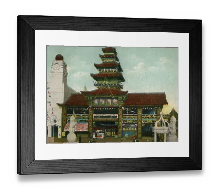 Framed Print : Vintage souvenir postcard, Dreamland Cafe, Coney Island, 1907 Framed Print : Vintage souvenir postcard, Dreamland Cafe, Coney Island, 1907