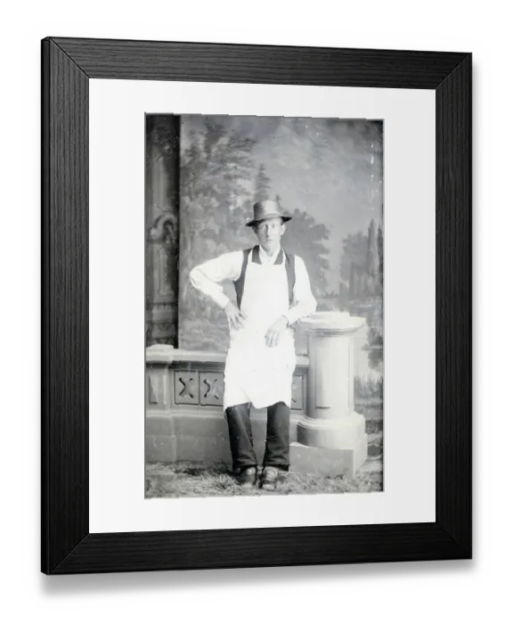 Framed Print : Antique tintype studio portrait of man wearing butcher apron Framed Print : Antique tintype studio portrait of man wearing butcher apron