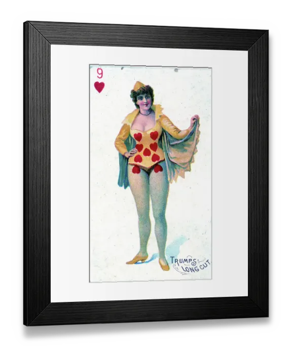 Framed Print : Nine of Hearts Playing Card, Hard A Port Cut Plug Tobacco Card, 1890s Framed Print : Nine of Hearts Playing Card, Hard A Port Cut Plug Tobacco Card, 1890s