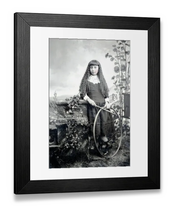 Framed Print : Tintype of girl posing with hoop and stick game Framed Print : Tintype of girl posing with hoop and stick game