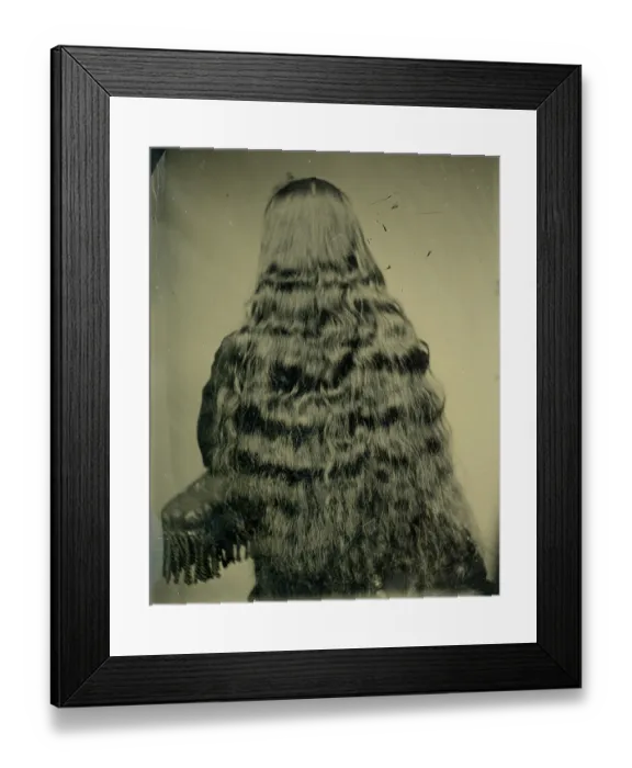 Framed Print : Tintype photograph from 1870s of back of woman's head, long black hair