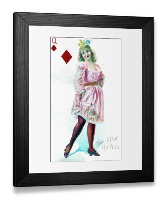 Framed Print : Queen of Diamonds Playing Card, Hard A Port Cut Plug Tobacco Card, 1890s Framed Print : Queen of Diamonds Playing Card, Hard A Port Cut Plug Tobacco Card, 1890s