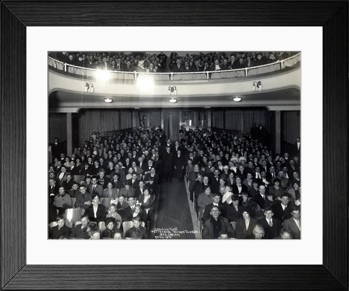 Framed Print : Historic photograph of audience posing for opening night of new movie theater, the Minor Theatre, in Arcata, California, December 3, 1914 Framed Print : Historic photograph of audience posing for opening night of new movie theater, the Minor Theatre, in Arcata, California, December 3, 1914