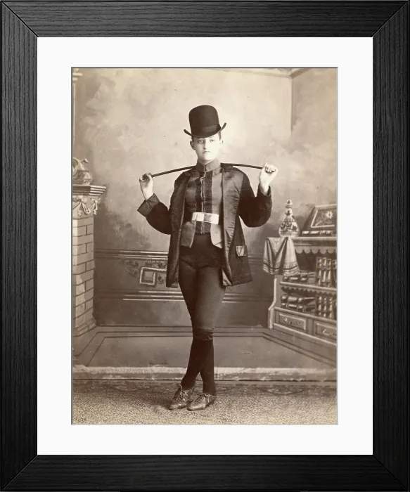Framed Print : Cabinet card portrait of woman dressed in a man's horse riding suit and crop Framed Print : Cabinet card portrait of woman dressed in a man's horse riding suit and crop