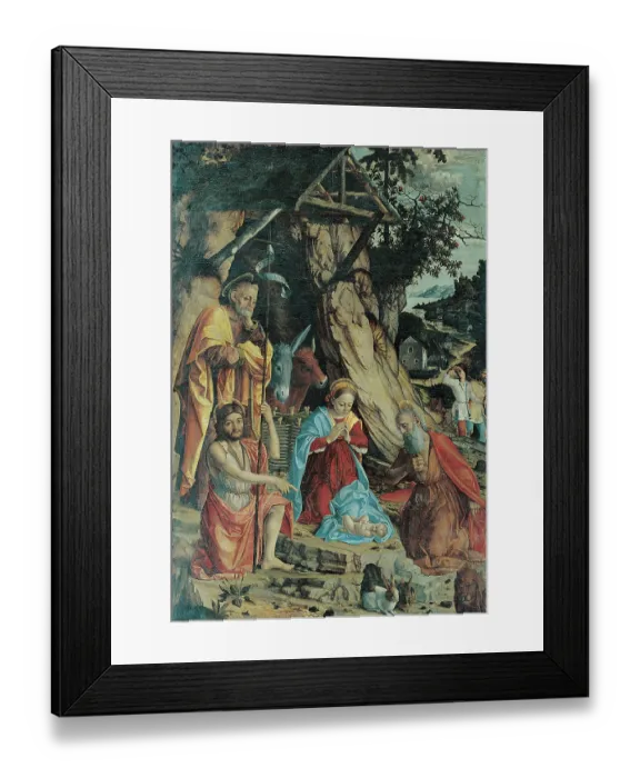 Framed Print : Rabbit Christmas Creche with Sts John and Jerome, by Girolamo dei Libri, 16th Century Framed Print : Rabbit Christmas Creche with Sts John and Jerome, by Girolamo dei Libri, 16th Century