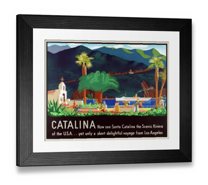 Framed Print : Catalina. Poster of Catalina with symbols of California in early California style Framed Print : Catalina. Poster of Catalina with symbols of California in early California style