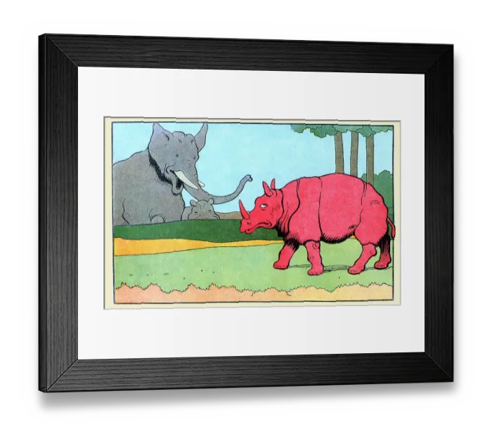 Framed Print : Red Rhino. Now painted red, Mrs. Rhinocerous walks past a hysterical elephant and hippo Framed Print : Red Rhino. Now painted red, Mrs. Rhinocerous walks past a hysterical elephant and hippo