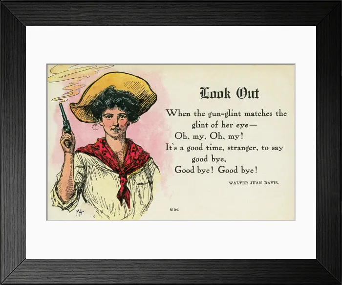 Framed Print : Look Out. One of a comic series of postcards protraying strong cowgirls Framed Print : Look Out. One of a comic series of postcards protraying strong cowgirls