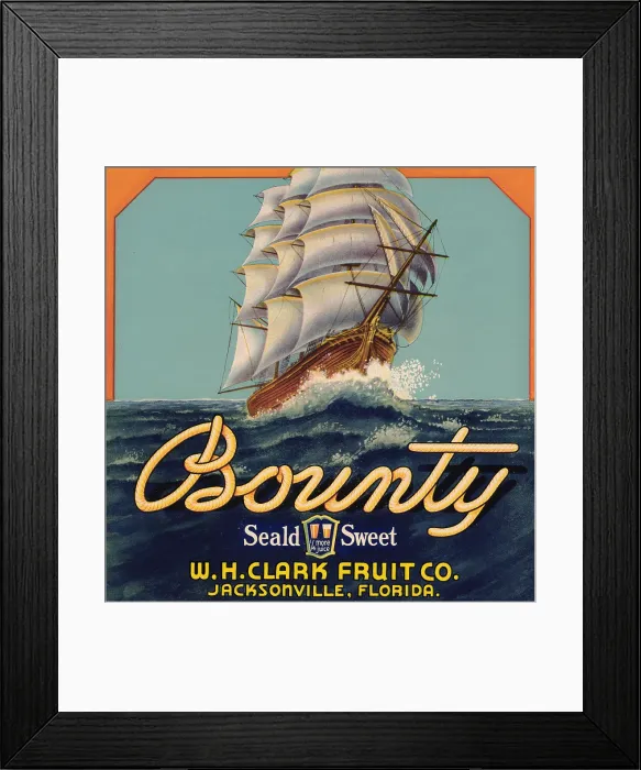 Framed Print : Bounty. Fruit crate label for the Bounty brand of Florida citrus fruits from Jacksonville Framed Print : Bounty. Fruit crate label for the Bounty brand of Florida citrus fruits from Jacksonville