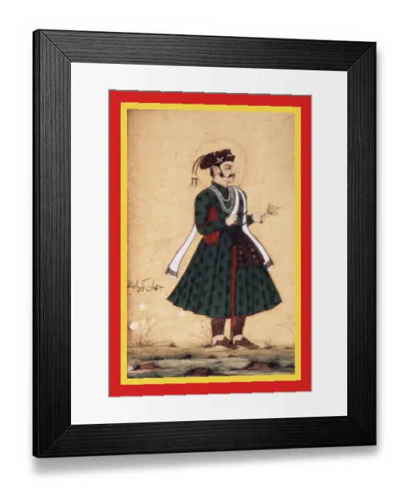 Framed Print : Jahangir in a green tunic, gold patterned sash Framed Print : Jahangir in a green tunic, gold patterned sash
