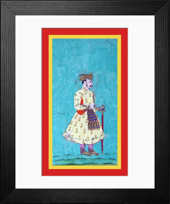 Framed Print : Jahangir stands wearing a flower-patterned yellow tunic, bejeweled Framed Print : Jahangir stands wearing a flower-patterned yellow tunic, bejeweled