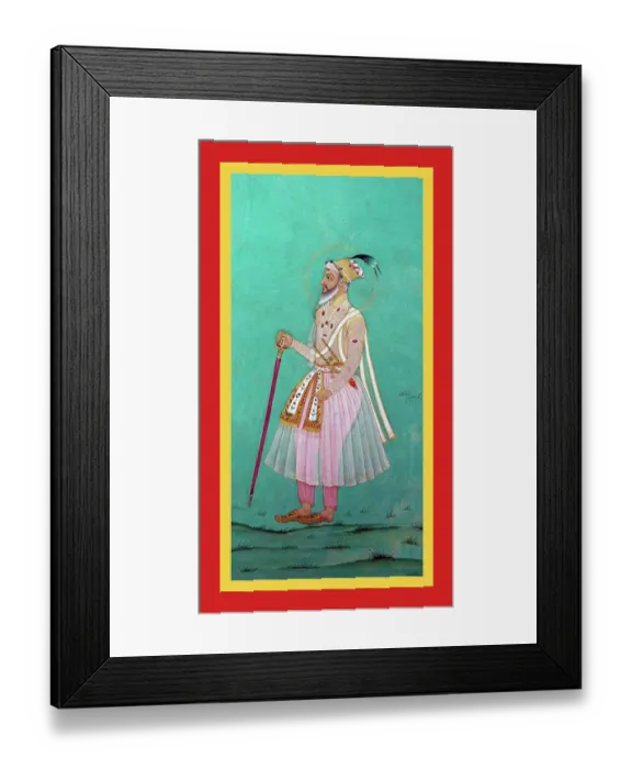 Framed Print : Aurangzíb stands wearing a filmy tunic over pink pants, bejeweled Framed Print : Aurangzíb stands wearing a filmy tunic over pink pants, bejeweled