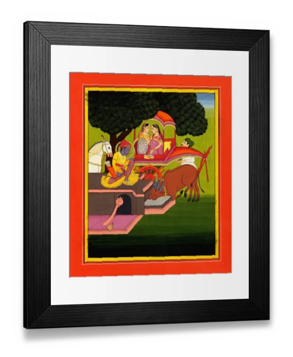 Framed Print : Rama watering a buffalo at a well Framed Print : Rama watering a buffalo at a well