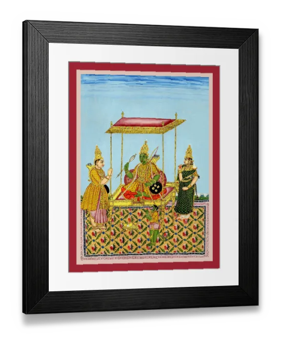 Framed Print : Rama is seated on a throne with Sīta and Lak£maṇa Framed Print : Rama is seated on a throne with Sīta and Lak£maṇa