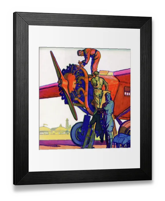 Framed Print : Mechanics Prepare plane as pilot prepares for takeoff Framed Print : Mechanics Prepare plane as pilot prepares for takeoff