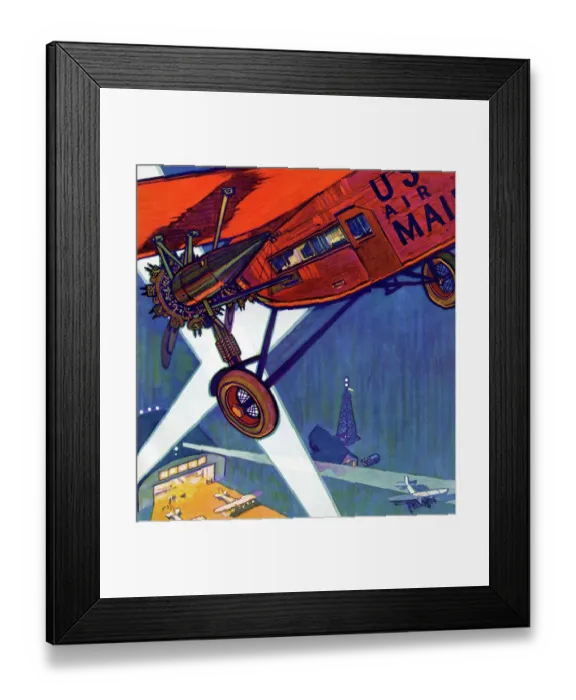 Framed Print : US Mail Plane lands under searchlights at airport Framed Print : US Mail Plane lands under searchlights at airport